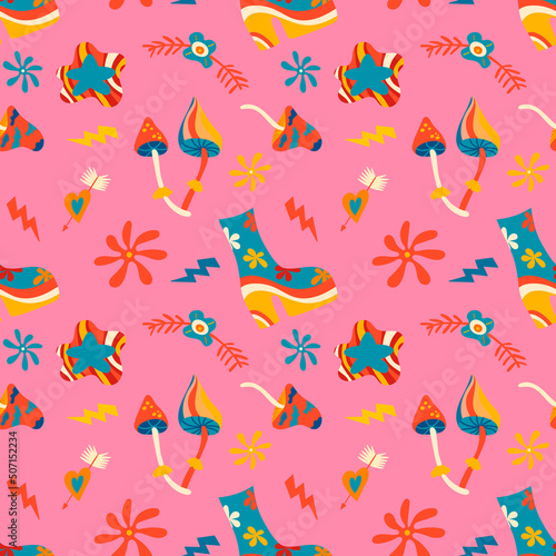 Vector seamless patterns, groovy hippie backgrounds, Retro 70s psychedelic. Bright funky print with flowers, mushrooms, nippy boots, a set of vector drawings in the hippie style. Pattern for postcards