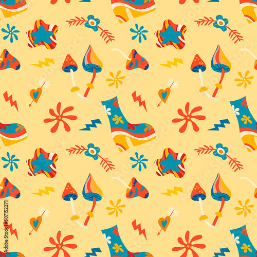 Vector seamless patterns, groovy hippie backgrounds, Retro 70s psychedelic. Bright funky print with flowers, mushrooms, nippy boots, a set of vector drawings in the hippie style. Pattern for postcards