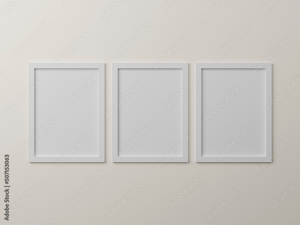 Vertical simple frame mockups. Three frame hanging on wall painted white color. Blank photo frame mockups for your design. 3d rendering illustration. Vertical simple frame mockups. Three frame hanging on wall painted white color. Blank photo frame mockups for your design. 3d rendering illustration.