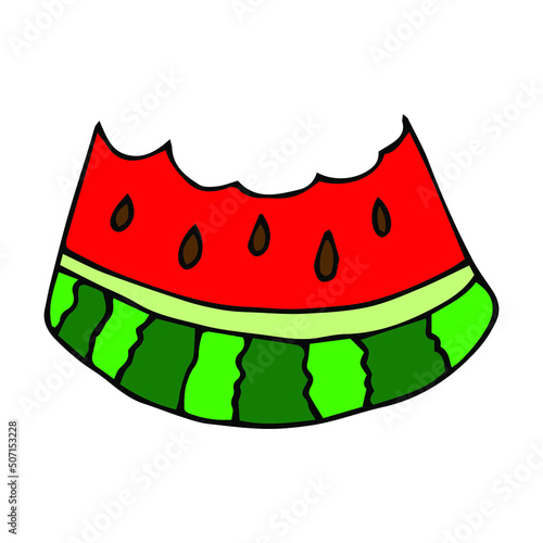 Vector illustration. Cute unpainted piece of watermelon with seeds isolated on white. Hand drawn simple doodle clipart. Summer tropical fruit. Perfect for menu, coloring book, poster, food banner. photo