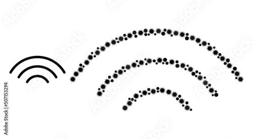 Radio transmission mosaic icon. Vector collage constructed with randomized Covid-2019 items. Covid-2019 mosaic radio transmission icon. Radio transmission collage for isolation images.
