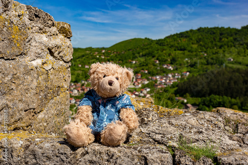 Teddy bear in ruins of stronghold.