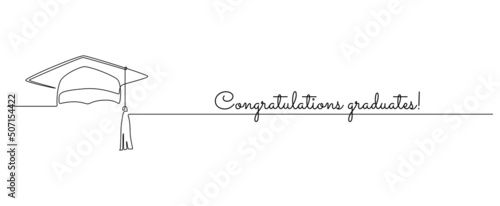 One continuous line drawing of graduation hat. Studying thin symbol or logo in simple linear style. Concept of student of university and college. Editable stroke. Doodle vector illustration
