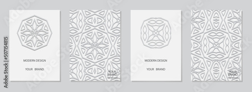 Cover set, vertical templates. Collection of white embossed backgrounds. Ethnic 3d pattern for logo, monogram, invitation, flyer, menu, background. Traditions of the East, Asia, India, Mexico, Aztecs