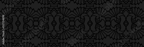 Banner with embossed minimalist texture. Ethnic original 3d pattern on a black background. Cover design in the style of the peoples of the East, Asia, India, Mexico, Aztecs, Peru for brochure, booklet