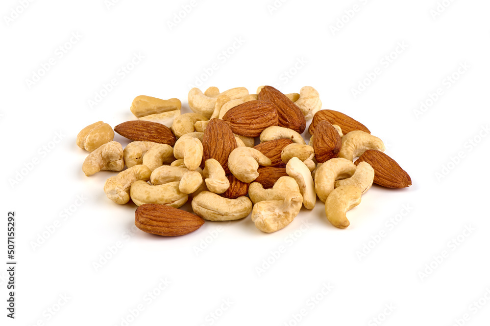 Mix of cashew nuts and almond, isolated on white background. Mix of cashew nuts and almond, isolated on white background.