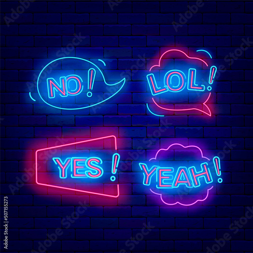 Comic speech bubbles neon collection. Yes and no. Lol and yeah text. Pop art explosion design. Vector illustration