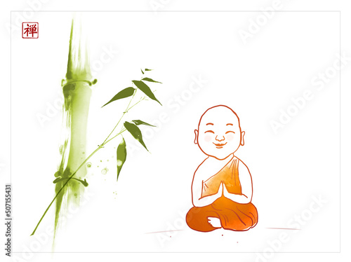 Smiling and meditating buddhist monk in orange robe under the green bamboo tree. Translation of hieroglyph - zen