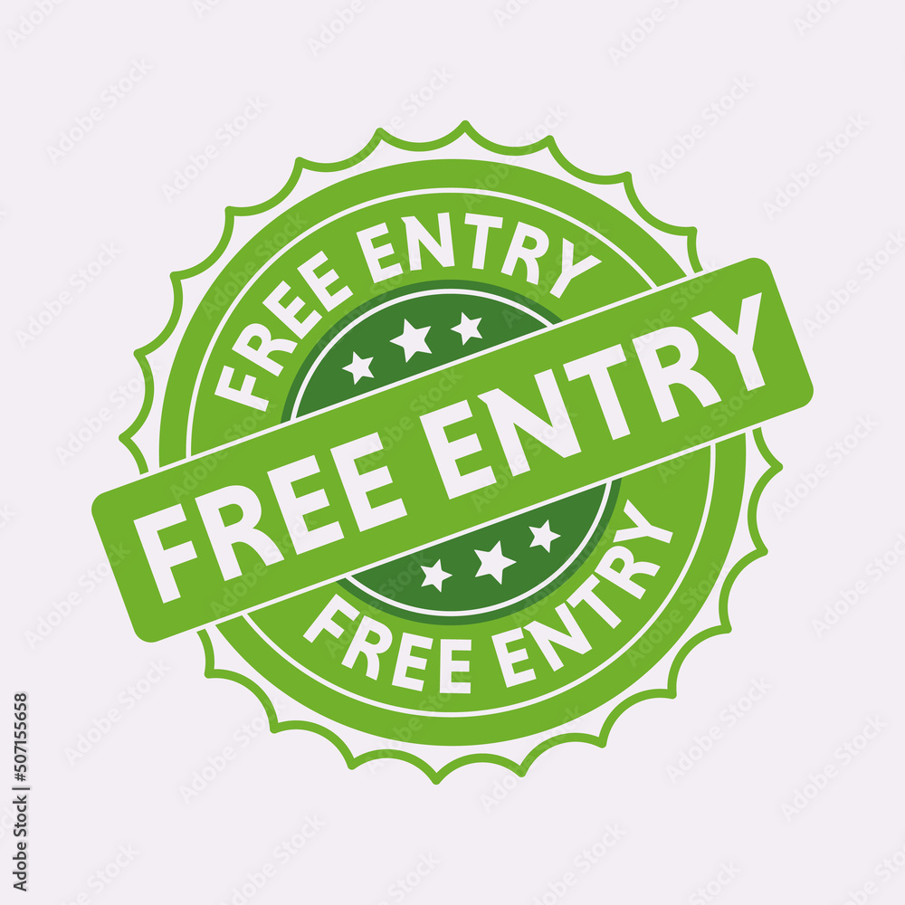 Free entry rubber stamp isolated on white background. Grunge round seal with text, ink texture and splatter and blots Free entry rubber stamp isolated on white background. Grunge round seal with text, ink texture and splatter and blots