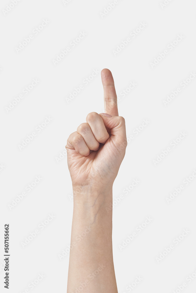 Counting on fingers female hand, number one on white. Counting on fingers female hand, number one on white.