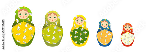 Russian Matryoshka. Traditional Russian folklore dolls with big eyes and lips. Babushka doll with hohloma, traditional painted floral pattern. Set with hand drawn vector illustration