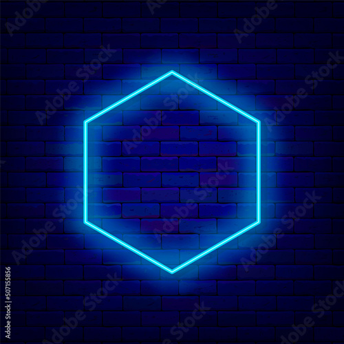 Polygonal blue neon frame on brick wall. Honeycomb shape. Empty border. Space for text. Vector stock illustration photo
