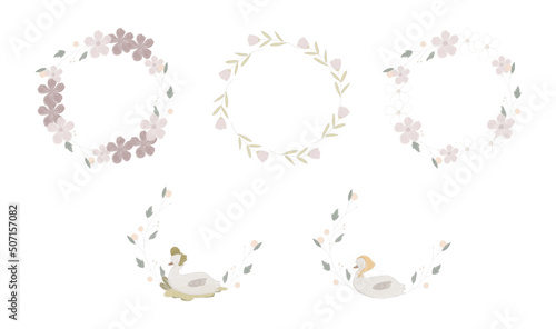 Raster illustration of hand drawn wreaths with flowers, leaves and gooses