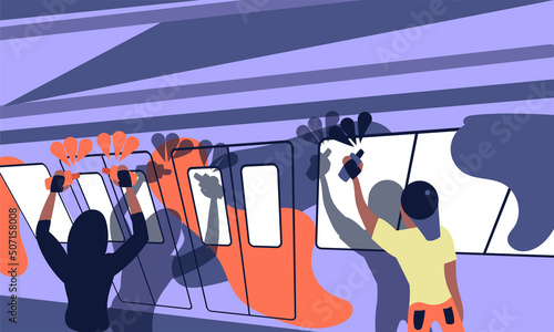 Man draw graffiti on underground subway. Young artist boy paint urban with spray can vector illustration. Teenage and grafitti wall and funky culture. Human crime and vandalism artistic lifestyle