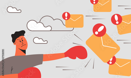 Man fight spam and internet technology protection or mail security. Message virus protect vector illustration concept and envelope hacker. Attack delivery letter and firewall check and safety email