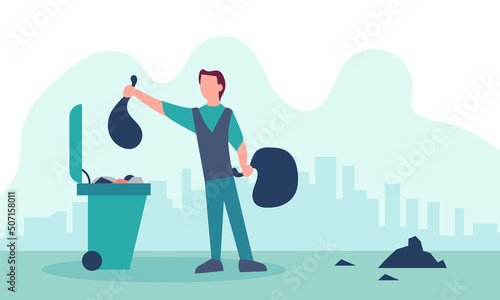 Man throwing out waste and recycling garbage. Rubbish trash bin and environment clean vector illustration. Ecology basket recycle and dump pollution environmental. Eco littering and conservation bag