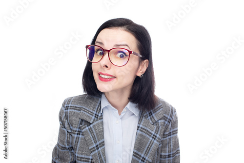 strict female manager in a blue shirt, office suit and glasses, white studio background. High quality photo