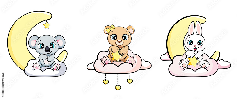 Obraz premium cartoon child set teddy bunny koala sitting on clouds under moon vector illustration isolated. card for boys and girls.