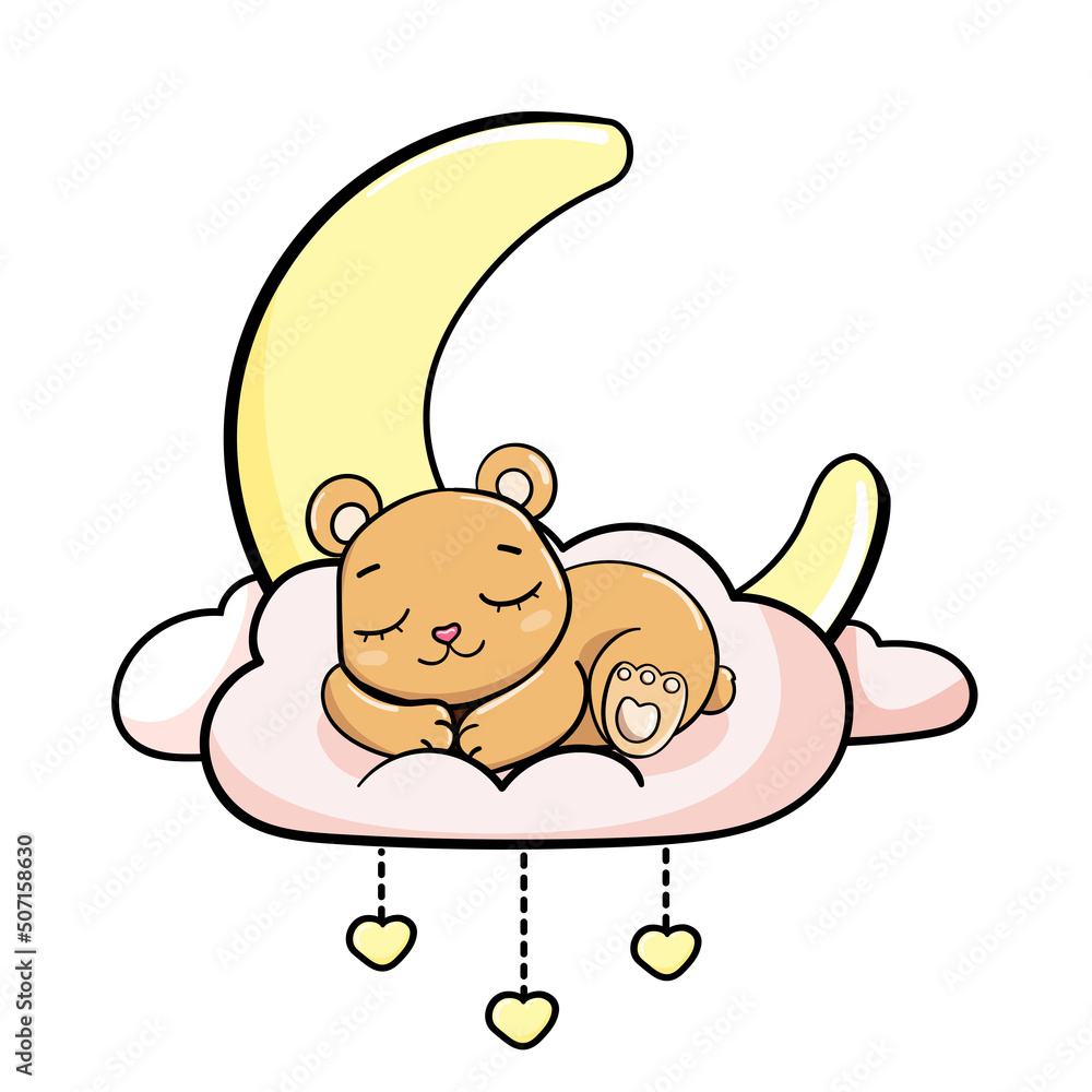 happy cartoon cute baby teddy bear sleeping on a cloud under moon and ...