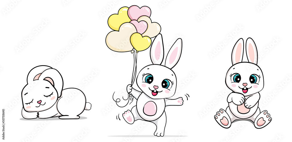 cartoon cute baby set bunny jumping with heart balloons and sleep. vector illustration isolated. card for boys and girls cartoon cute baby set bunny jumping with heart balloons and sleep. vector illustration isolated. card for boys and girls