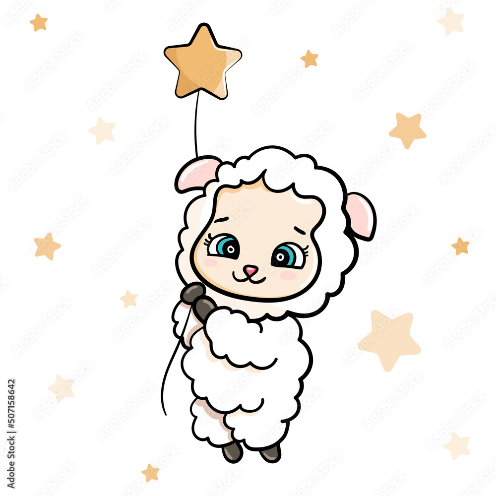 happy cartoon cute baby sheep flies and holds a star. vector sticker illustration isolated card