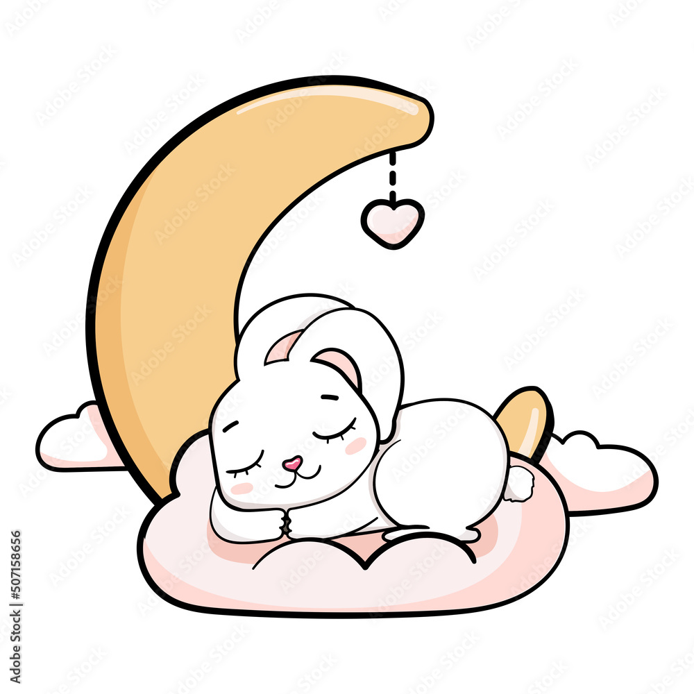 happy cartoon cute baby bunny sleeping on a cloud under moon and heart vector sticker illustration isolated card. happy cartoon cute baby bunny sleeping on a cloud under moon and heart vector sticker illustration isolated card.