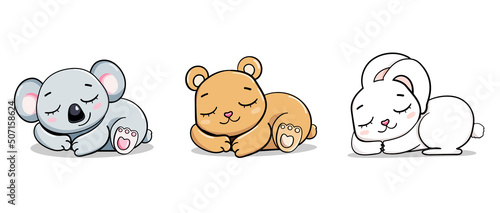 cartoon child set teddy bunny koala sleep vector sticker illustration isolated. card for boys and girls