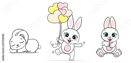 cartoon cute baby set bunny jumping with heart balloons and sleep. vector illustration isolated. card for boys and girls