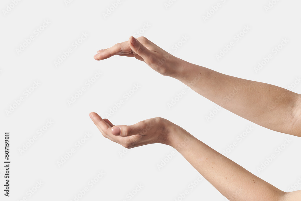 Close up open female hands gesturing on white. Close up open female hands gesturing on white.