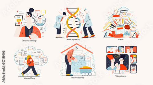 Technology Memphis illustrations -educational technology, genetic engineering, ebooks, internet of things, autonomous delivery, video conferencing technology Creative landing web page illustration set