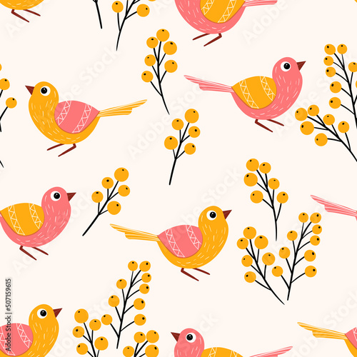 Seamless pattern with funny colorful birds, flowers, leaves and berries. Color flat vector illustration with little cartoon bird. Cute characters. Design for invitation, poster, card, textile, fabric