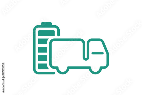 Electric truck with fully charged battery energy indicator green linear icon. Electrical transportation lorry accumulator charger symbol. Electro charging auto. Eco friendly vehicle recharge eps sign
