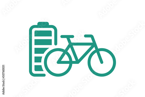 Electric bicycle fully charged battery energy indicator green linear icon. Electrical transportation bike accumulator charger symbol. Electro charging cycle. Eco friendly transport recharge eps sign