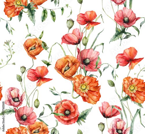 Watercolor meadow flowers seamless pattern of poppy  bindweed  capsella and geranium. Hand painted floral illustration isolated on white background. For design  print  fabric or background.