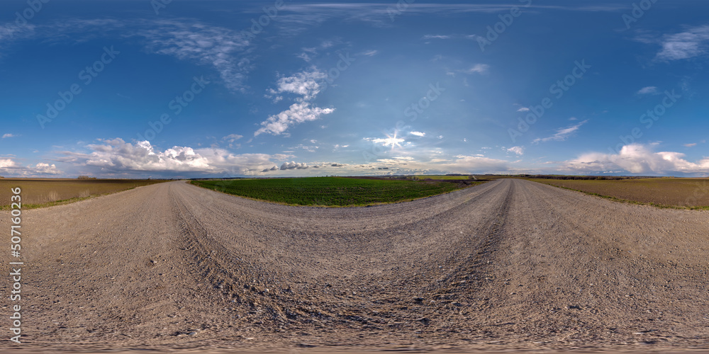 full seamless spherical hdri 360 panorama view on no traffic gravel road among fields in autumn evening in equirectangular projection, ready for VR AR