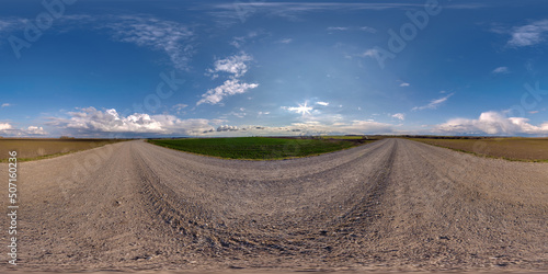 full seamless spherical hdri 360 panorama view on no traffic gravel road among fields in autumn evening in equirectangular projection, ready for VR AR