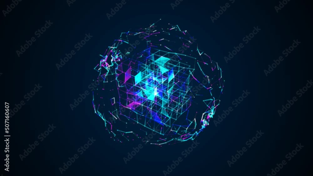 Animated neon cube symbol in sphere. Rotating digital matrix network. Texture dots, lines, particles, squares. Flying in zero gravity. Glow cosmic energy. Background technology, science, medicine. 4k Animated neon cube symbol in sphere. Rotating digital matrix network. Texture dots, lines, particles, squares. Flying in zero gravity. Glow cosmic energy. Background technology, science, medicine. 4k