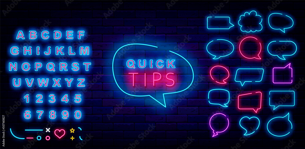 Quick tips neon sign. Speech bubbles set, Shiny blue alphabet. Advice marketing promotion. Vector stock illustration Quick tips neon sign. Speech bubbles set, Shiny blue alphabet. Advice marketing promotion. Vector stock illustration