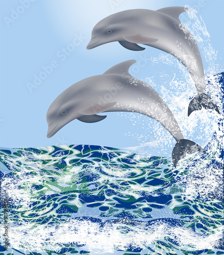 Underwater card with two dolphins. vector illustration