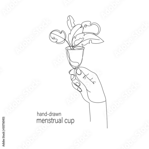 Woman's hand hold menstrual cup with flowers continuous line drawing.Vector illustration isolated on white background.Minimal line art silicone mensual cup.Eco friendly feminine hygiene item
