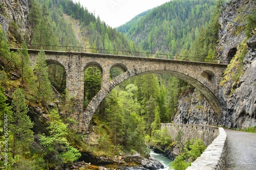 Viaduct in Davos Monstein. Landwasser river flows through the canyon. hike along the river in the valley to filisur. Old