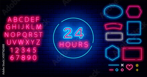 24 hours neon signboard. Always open shop. Frames collection. Shiny pink alphabet. Vector stock illustration