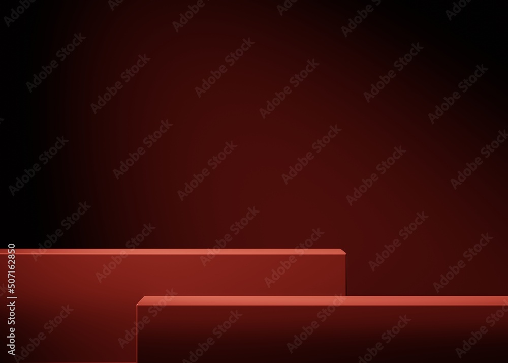 Obraz premium Red podium or pedestal on red background. Minimal empty background for product presentation. 3d render. Showcase template. Display mockup