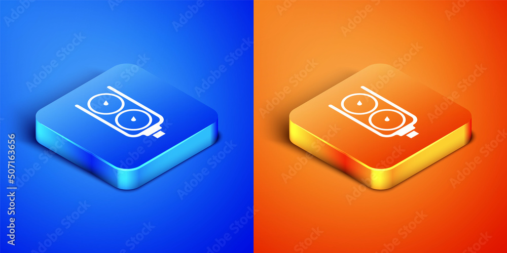 Isometric Gauge scale icon isolated on blue and orange background. Satisfaction, temperature, manometer, risk, rating, performance, speed tachometer. Square button. Vector Isometric Gauge scale icon isolated on blue and orange background. Satisfaction, temperature, manometer, risk, rating, performance, speed tachometer. Square button. Vector
