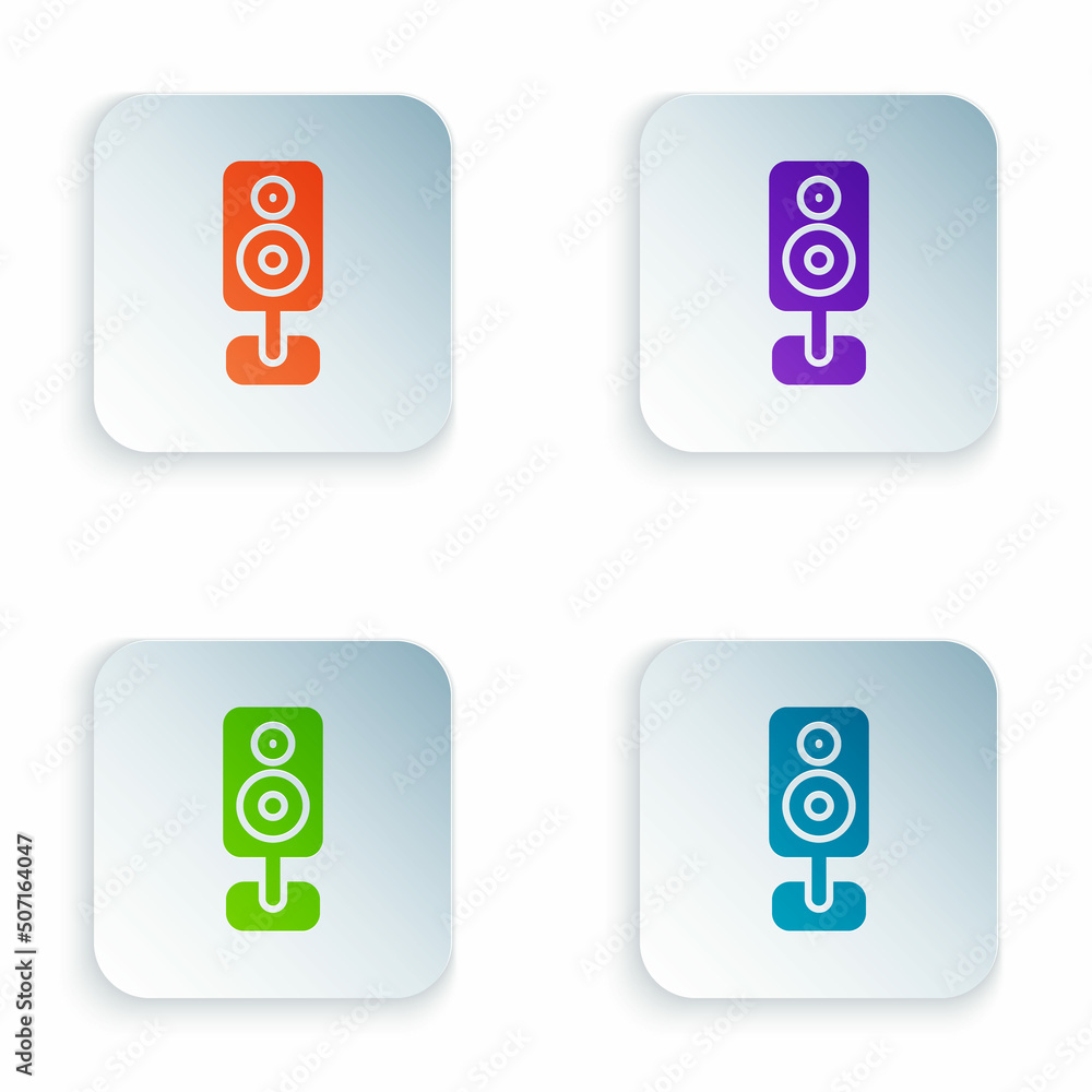 Color Stereo speaker icon isolated on white background. Sound system speakers. Music icon. Musical column speaker bass equipment. Set colorful icons in square buttons. Vector Color Stereo speaker icon isolated on white background. Sound system speakers. Music icon. Musical column speaker bass equipment. Set colorful icons in square buttons. Vector