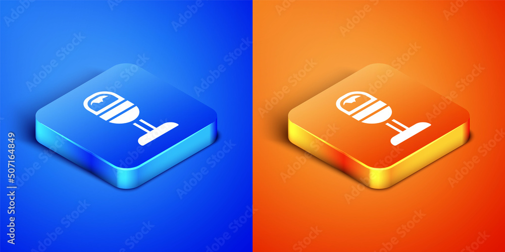 Isometric Trash can icon isolated on blue and orange background. Garbage bin sign. Recycle basket icon. Office trash icon. Square button. Vector Isometric Trash can icon isolated on blue and orange background. Garbage bin sign. Recycle basket icon. Office trash icon. Square button. Vector