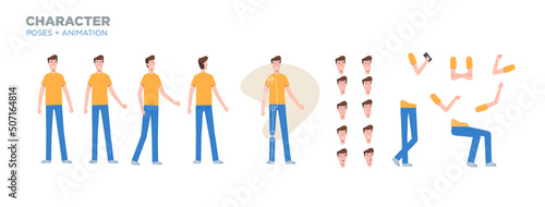 Young man character for animation. Creation set with various views, face emotions, poses and gestures.