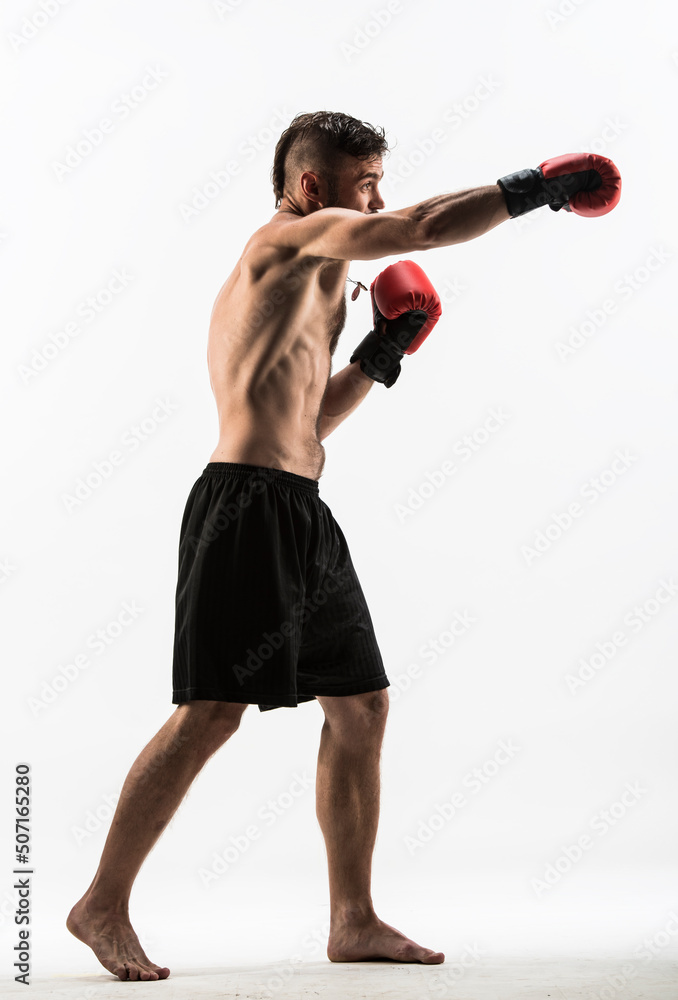 professional boxer fights.boxer strikes and takes punches during the fight on a white background
professional boxer fights.boxer strikes and takes punches during the fight on a white background