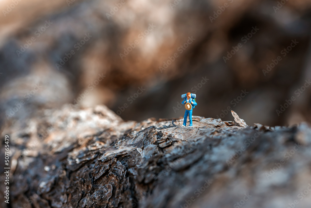 Fototapeta premium A man with backpack hiking alone along autumn forest