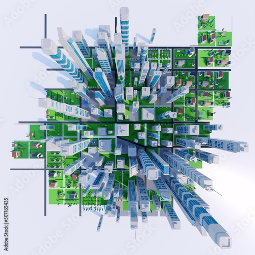 Clean, modern city with tall buildings, parks and green spaces. Digital 3D rendering.